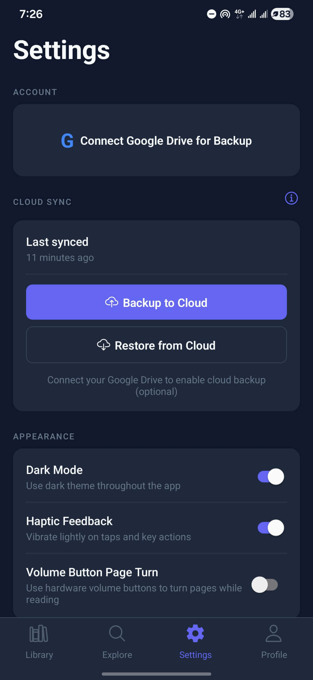 ReadingKulture settings screen